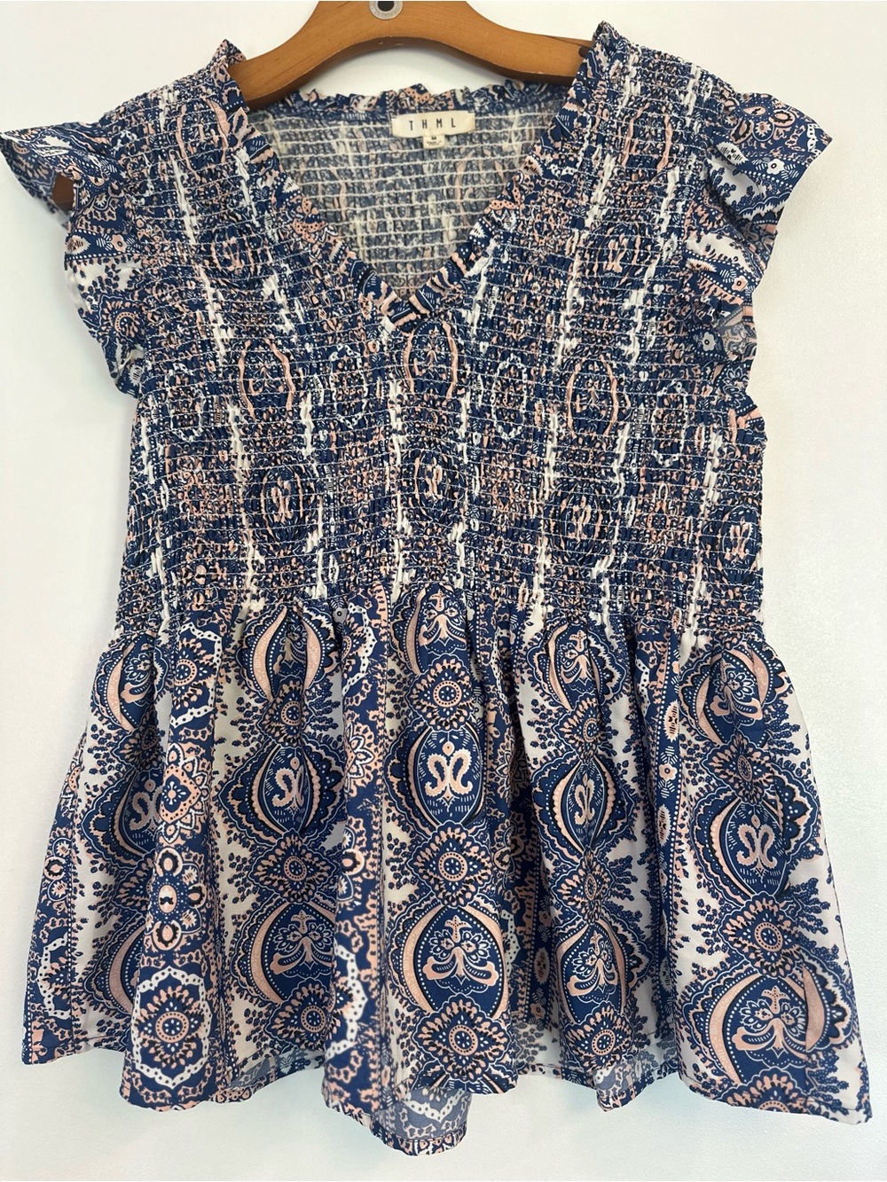 THML Navy and Light Pink Smocked V-Neck Flutter Sleeve Tunic